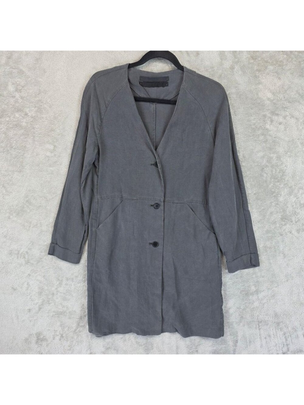 Minimarket Dress Womens S/M Gray Tencel Lyocell Button Front V-Neck Pockets